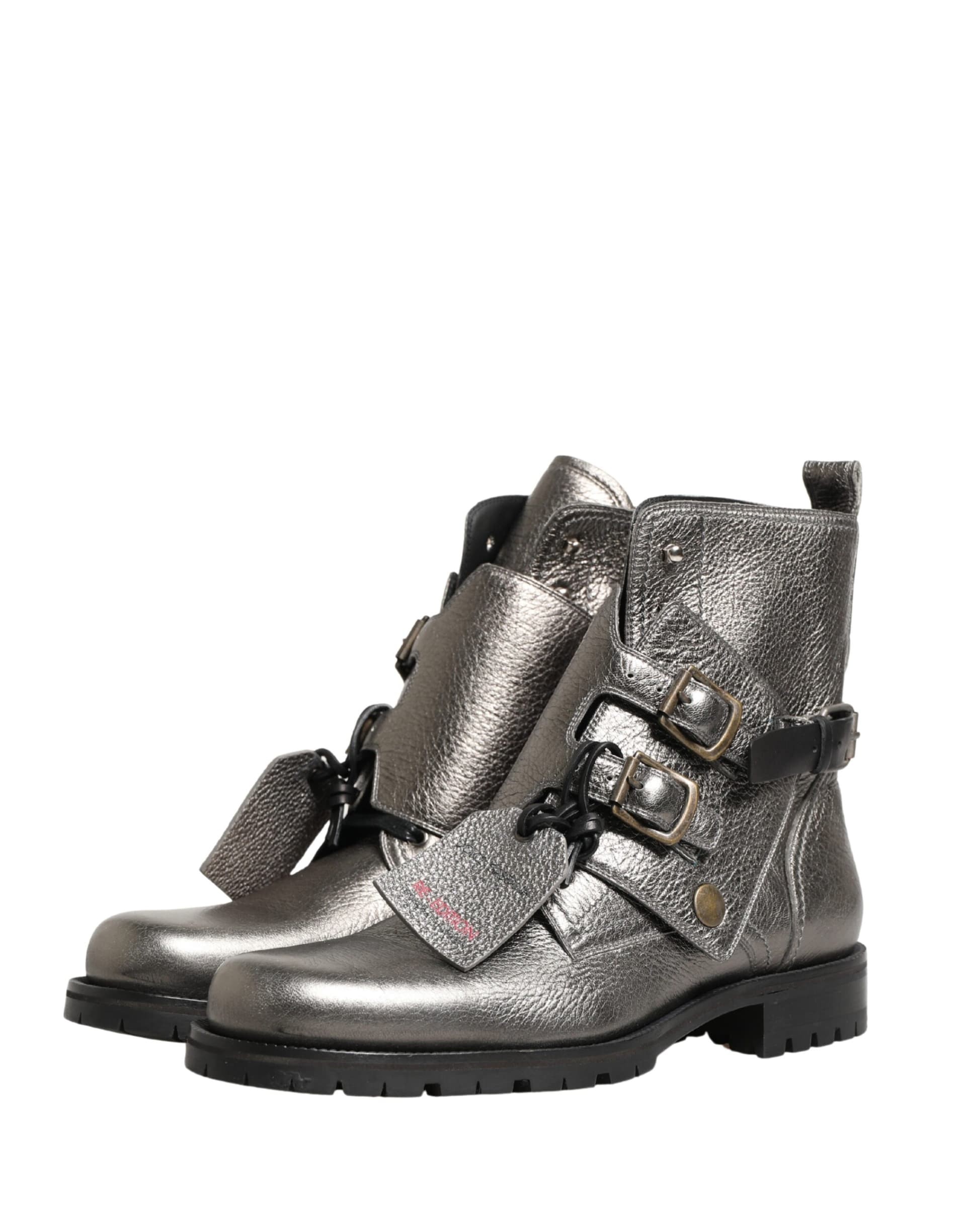 Dolce & Gabbana Metallic Silver Leather Buckle Ankle Boots Shoes - 3
