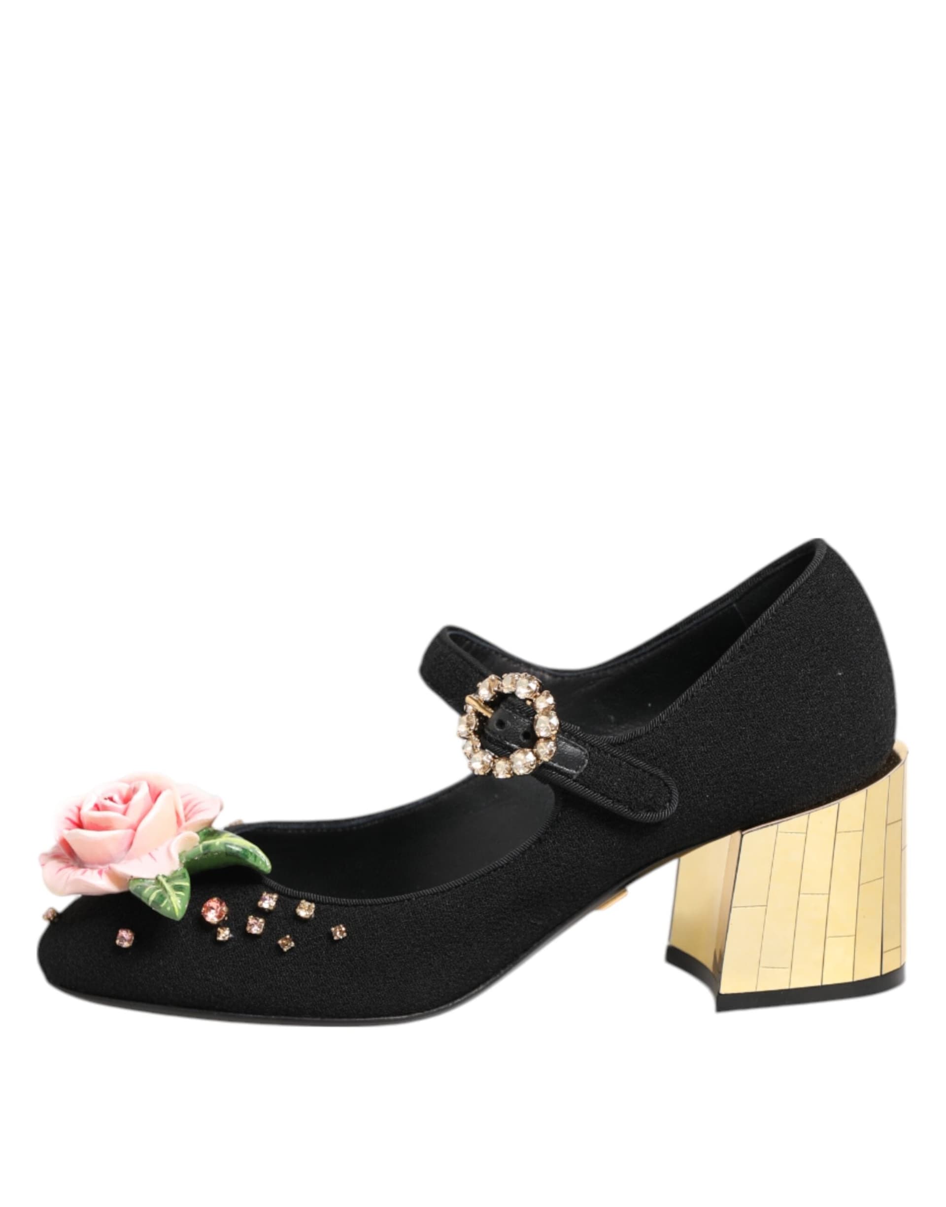 Dolce & Gabbana Black Flower Crystal Embellished Mary Jane Shoes - 5