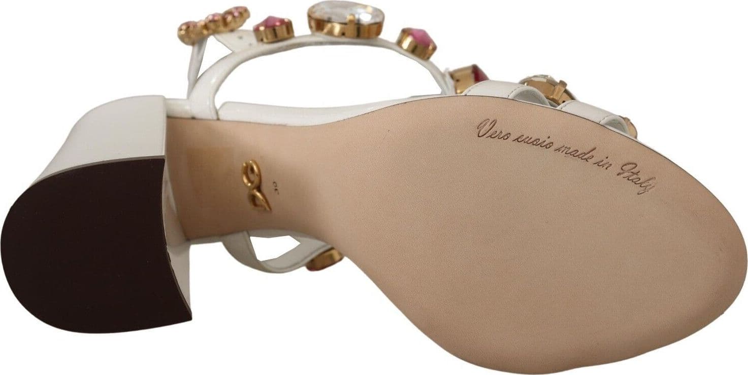 Dolce & Gabbana White Leather Crystal Keira Heels Sandals Shoes - 6