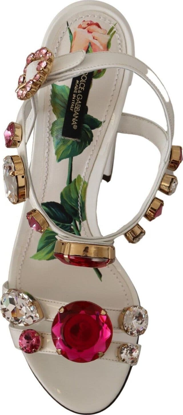 Dolce & Gabbana White Leather Crystal Keira Heels Sandals Shoes - 7