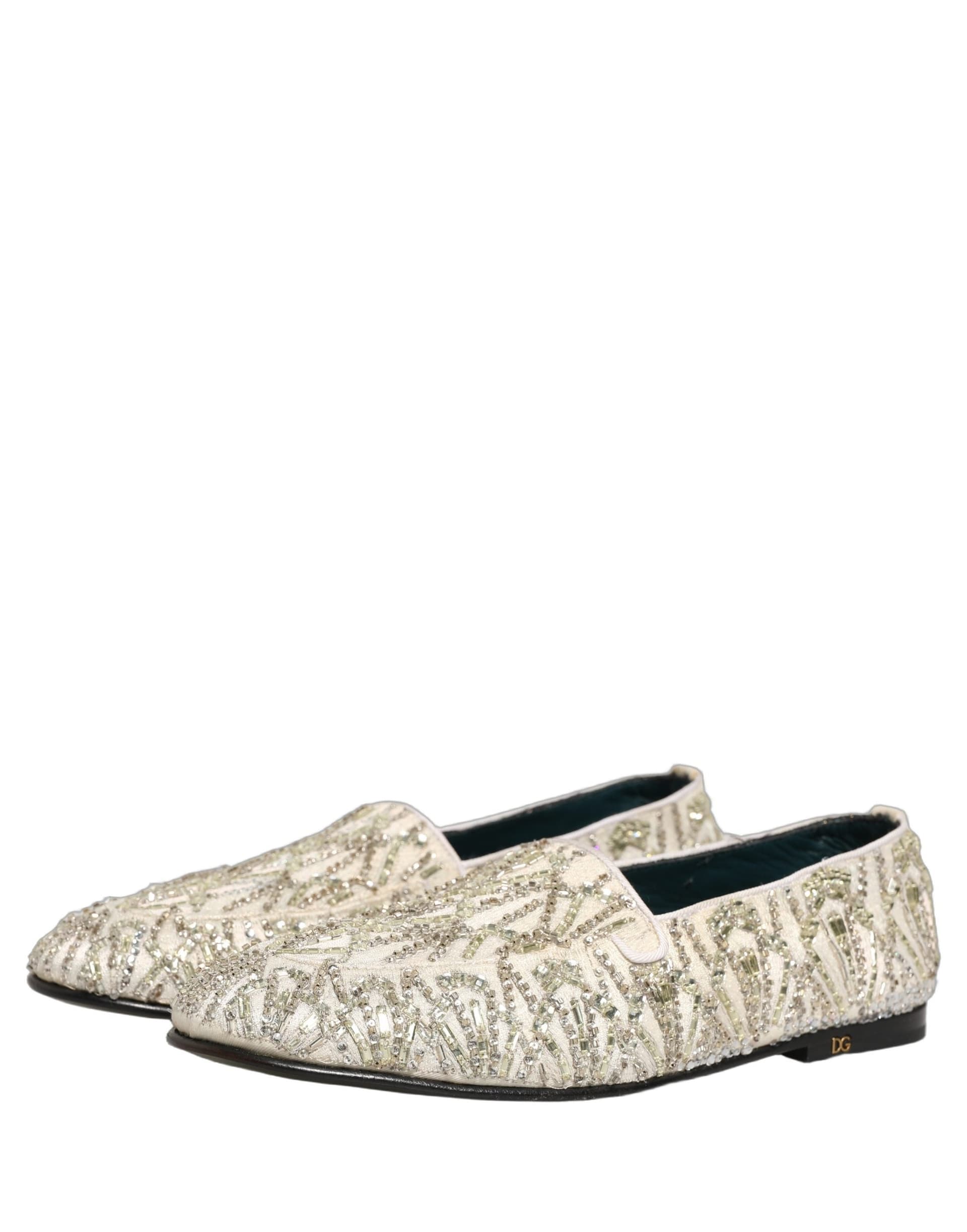 Dolce & Gabbana White Velvet Embroidered Dress Loafers Shoes - 4