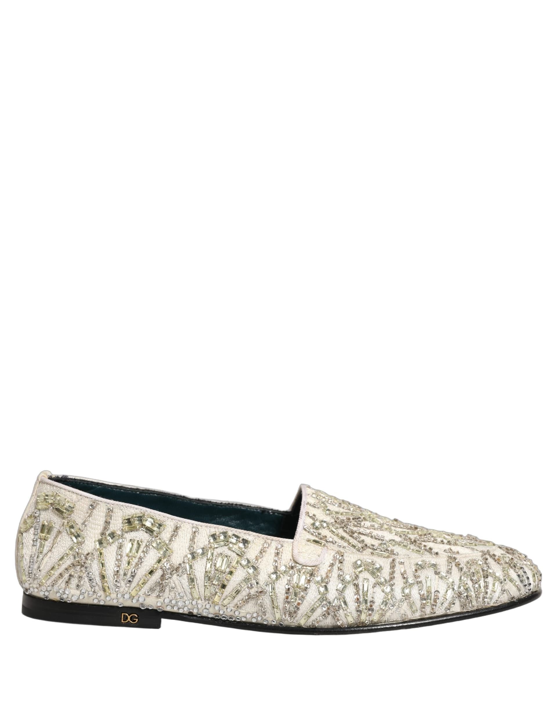 Dolce & Gabbana White Velvet Embroidered Dress Loafers Shoes - 8
