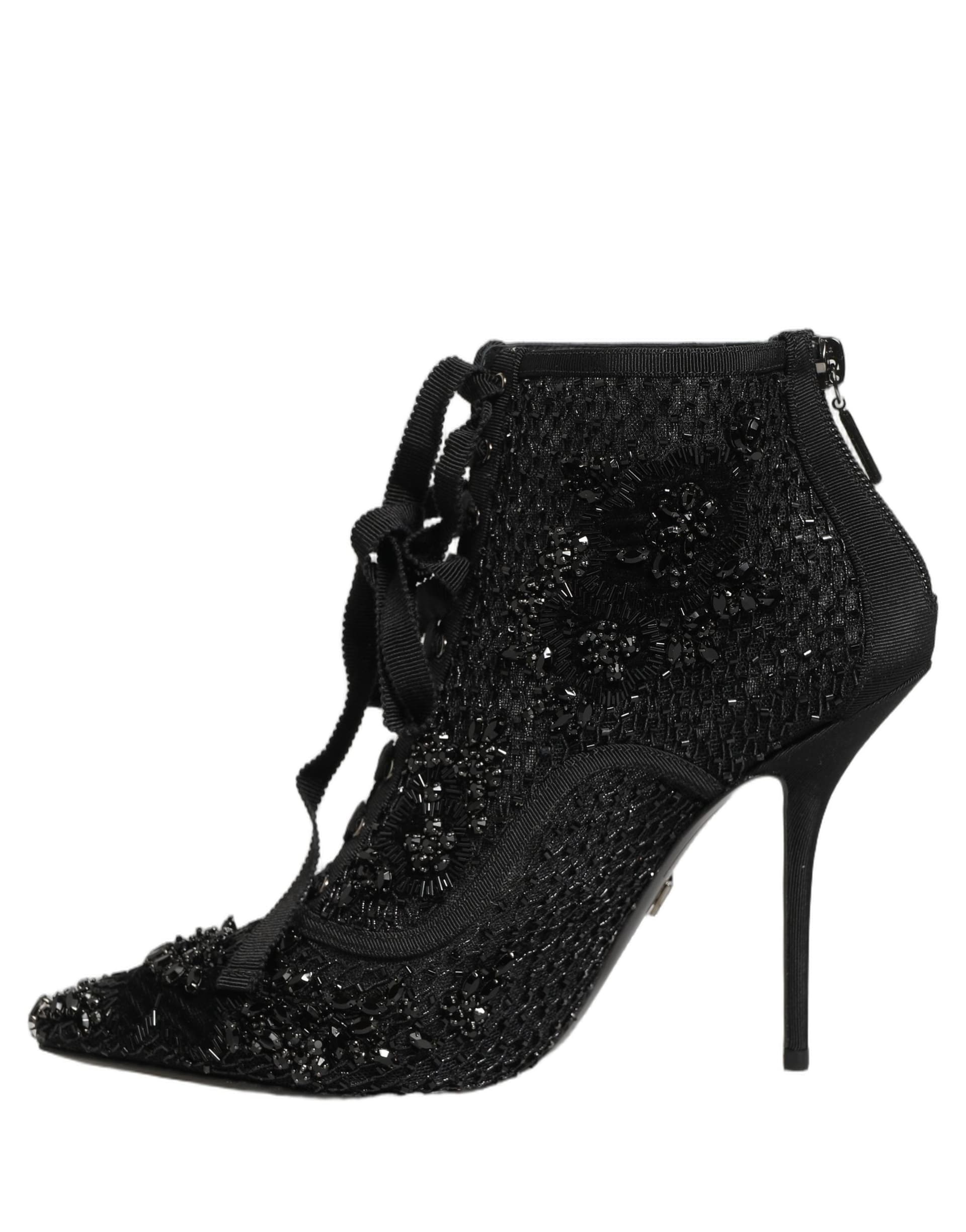 Dolce & Gabbana Black Embellished Mesh Ankle Boots Shoes - 4
