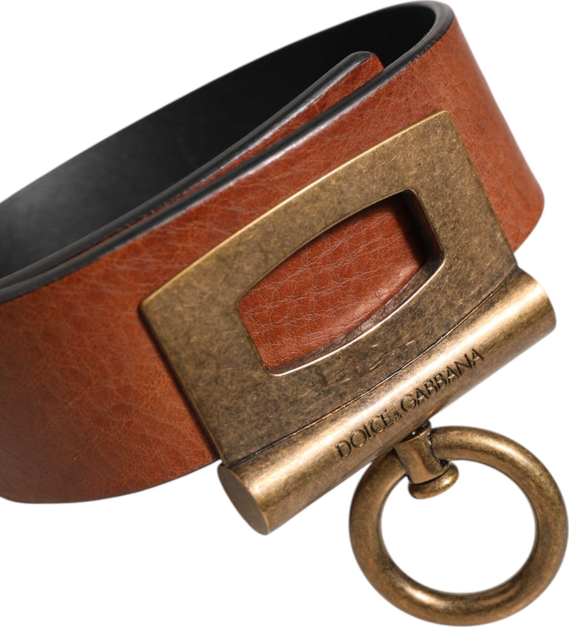 Dolce & Gabbana Brown Leather Side Rings Brass Buckle Belt - 3