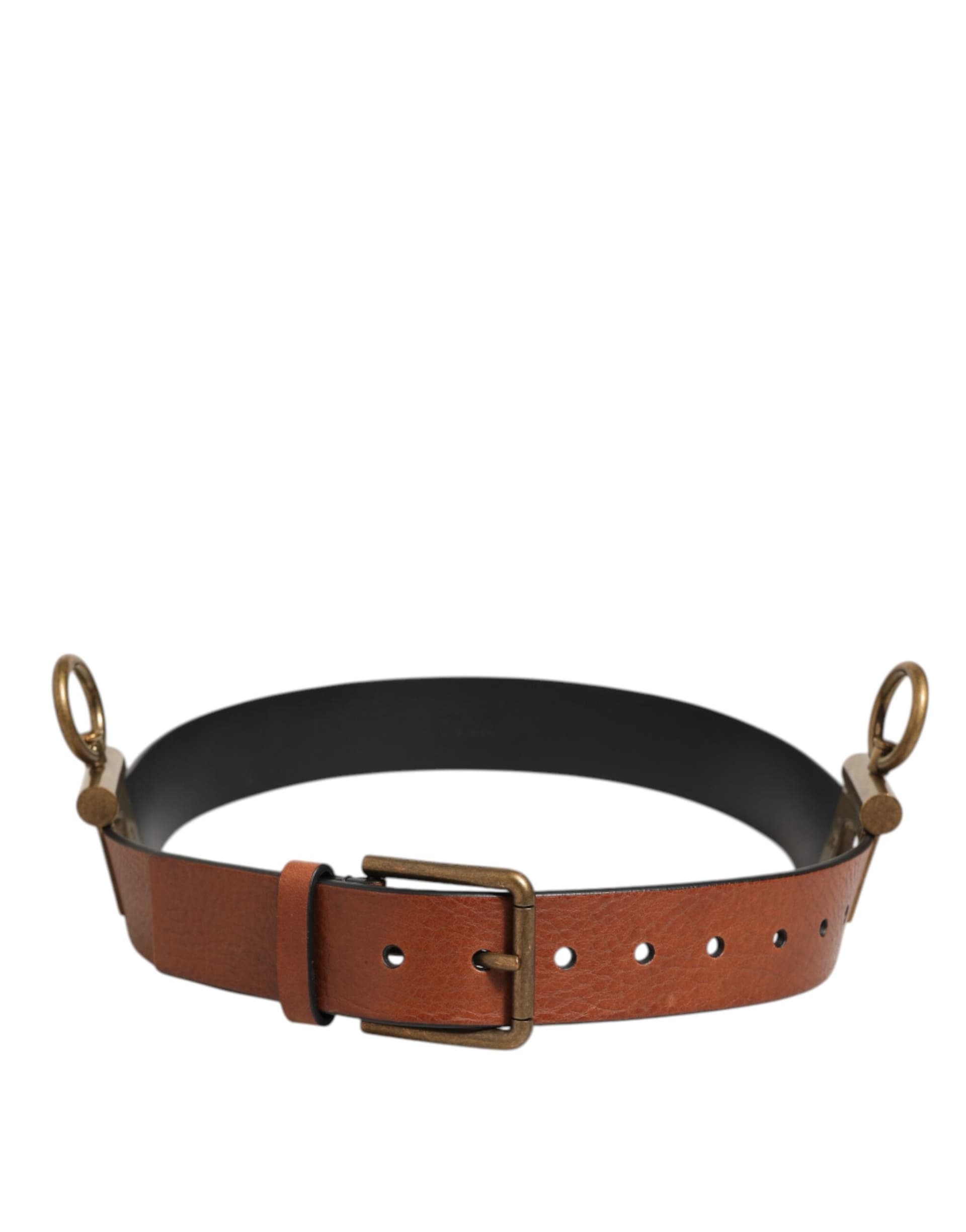 Dolce & Gabbana Brown Leather Side Rings Brass Buckle Belt - 5