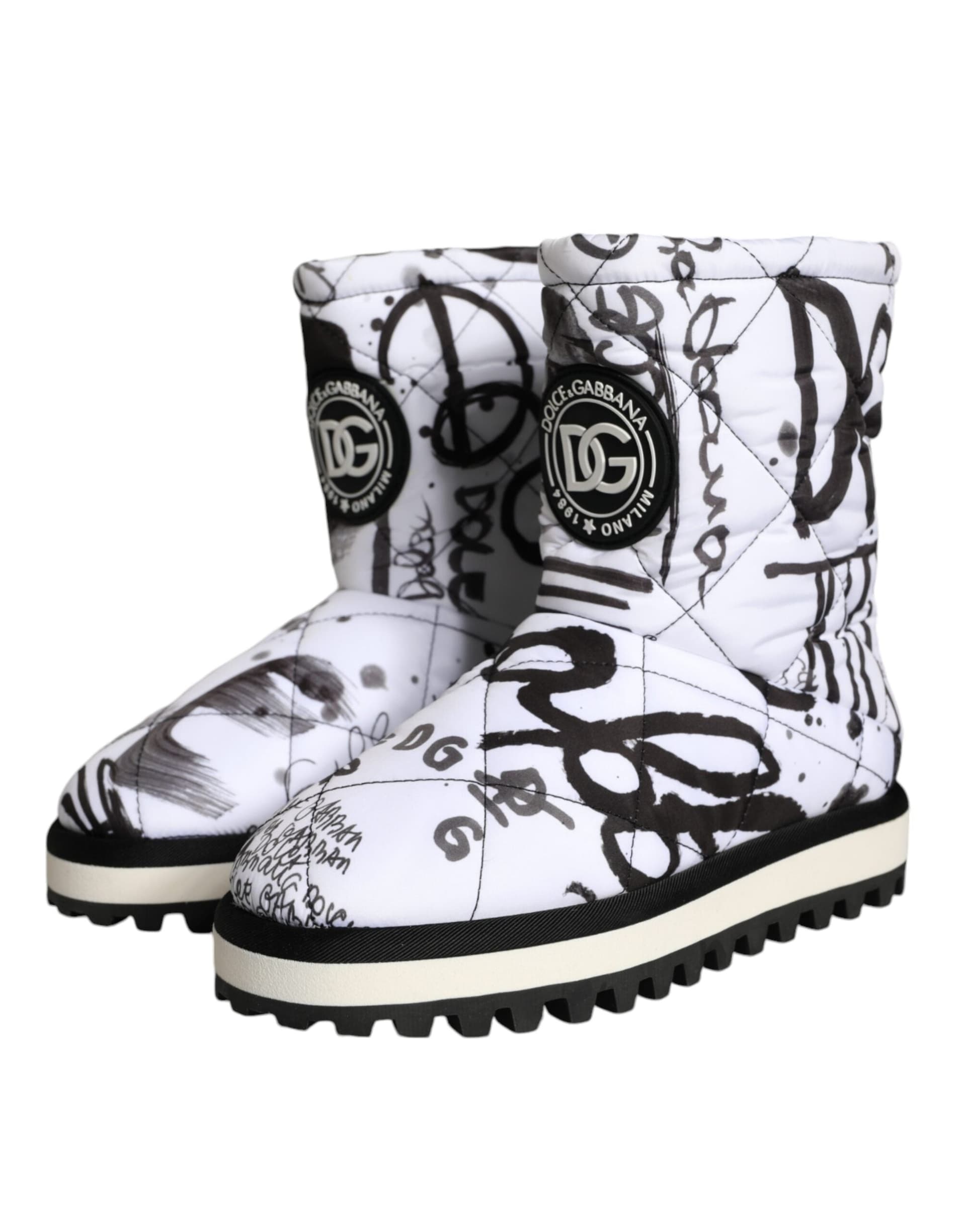 Dolce & Gabbana White Padded Logo Print Mid Calf Boots Shoes - 2
