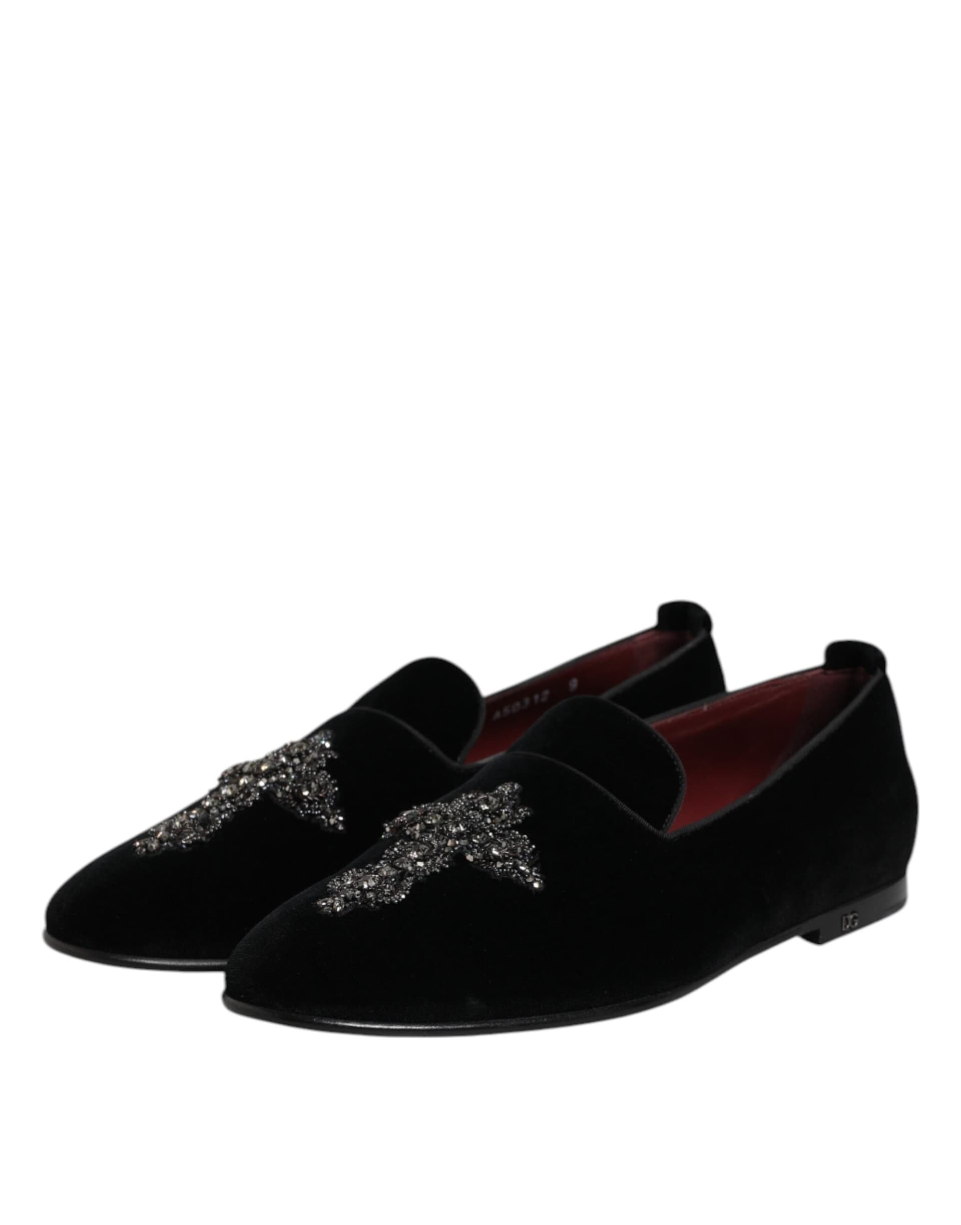 Dolce & Gabbana Black Velvet Embellished Loafer Slip On Shoes - 3