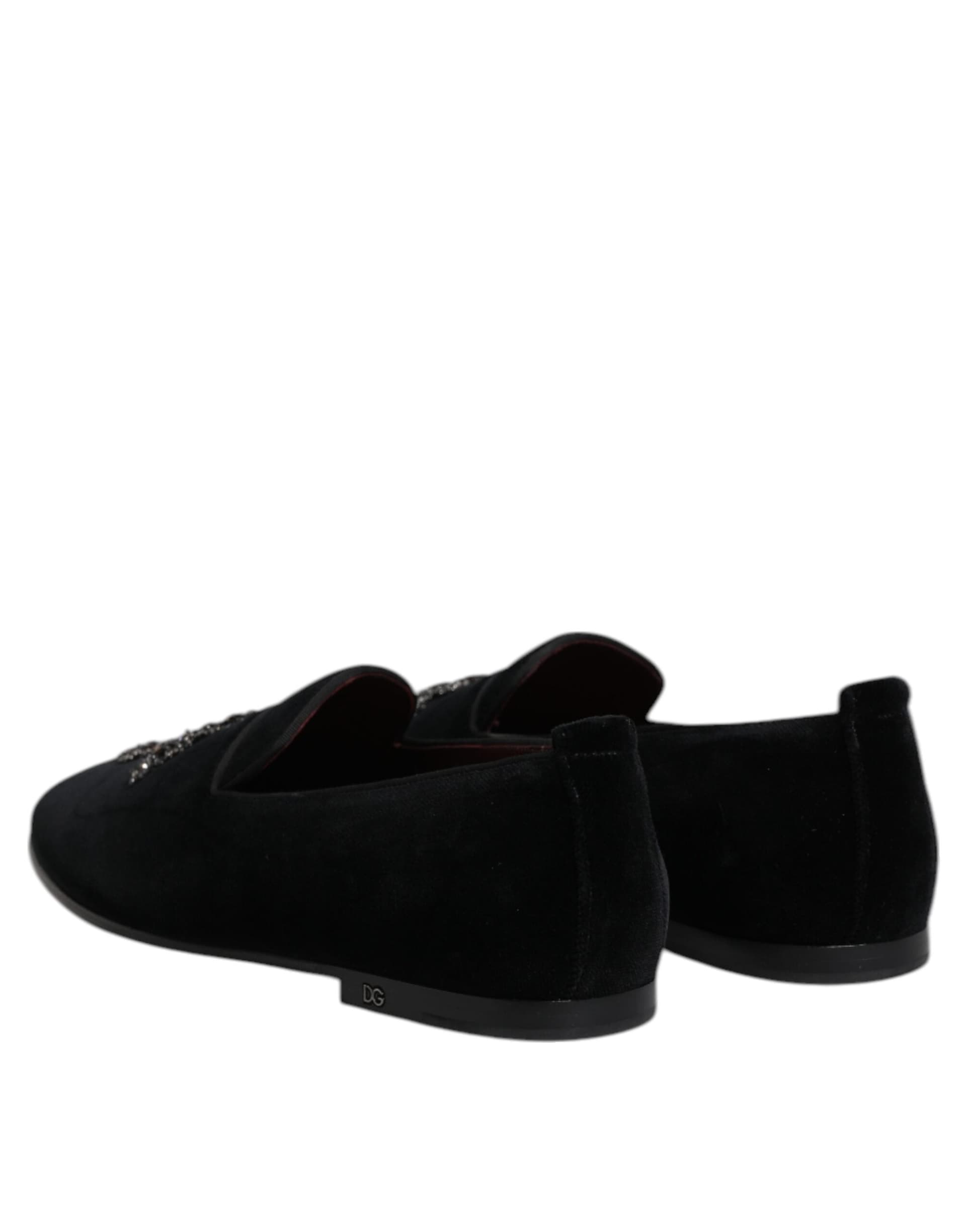 Dolce & Gabbana Black Velvet Embellished Loafer Slip On Shoes - 4