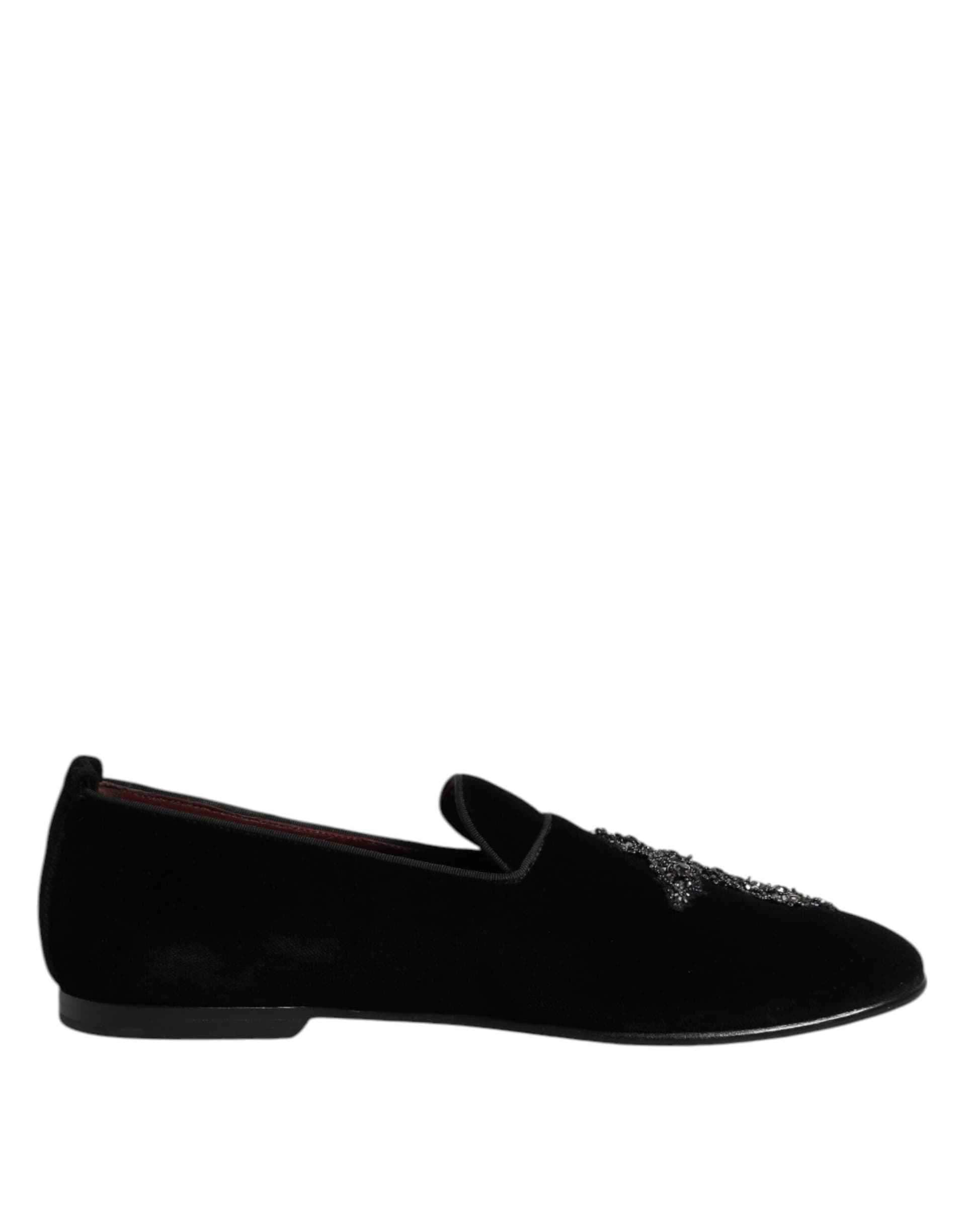Dolce & Gabbana Black Velvet Embellished Loafer Slip On Shoes - 7
