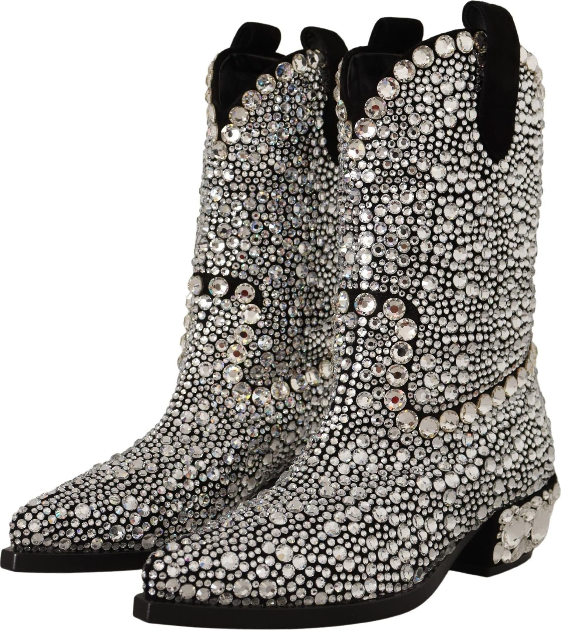 Dolce & Gabbana Black Suede Strass Crystal Cowgirl Boots - 7