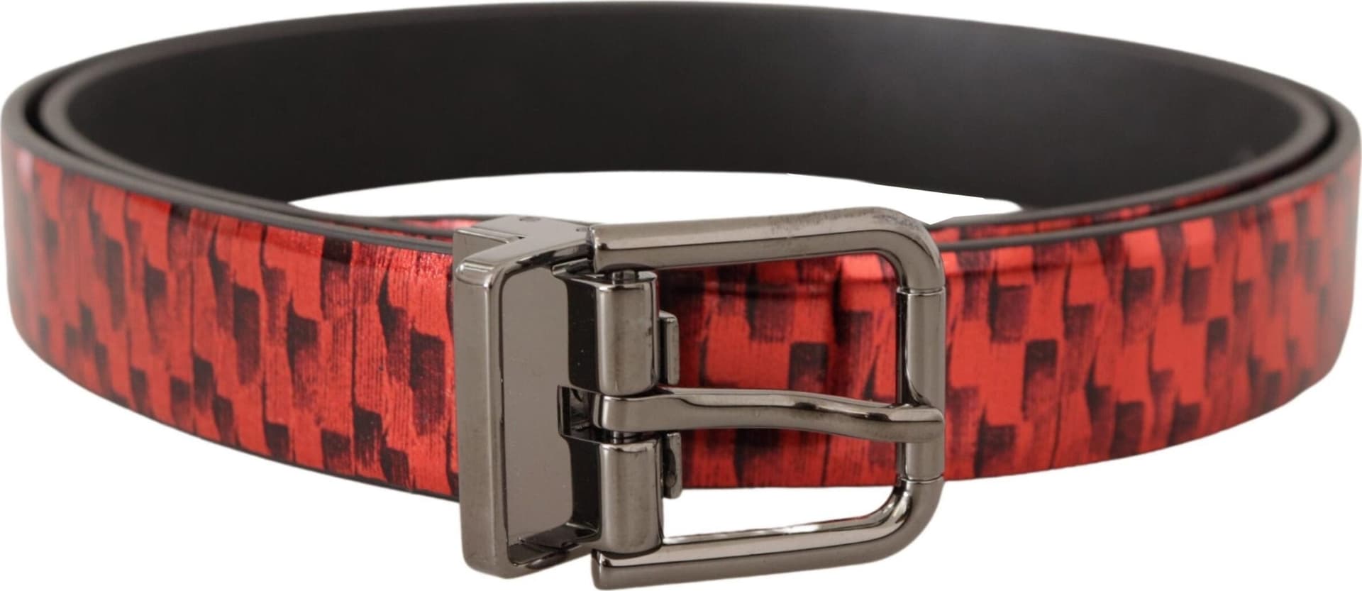 Dolce & Gabbana Red Herringbone Leather Gray Tone Buckle Belt - 3