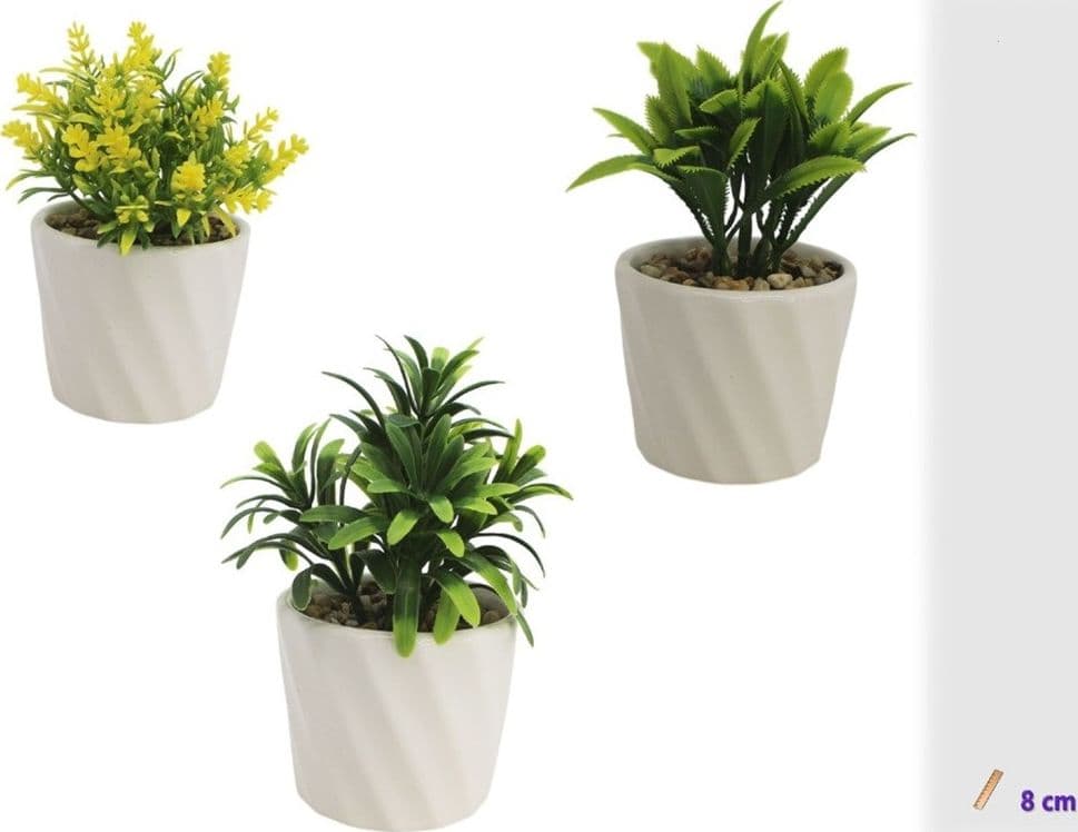 SET 3PZ VASETTO IN CERAMICA BIANCO A SPIRALE CON PIANTINA ARTIFICIALE ASSORTITA 8CM 164261 - 2