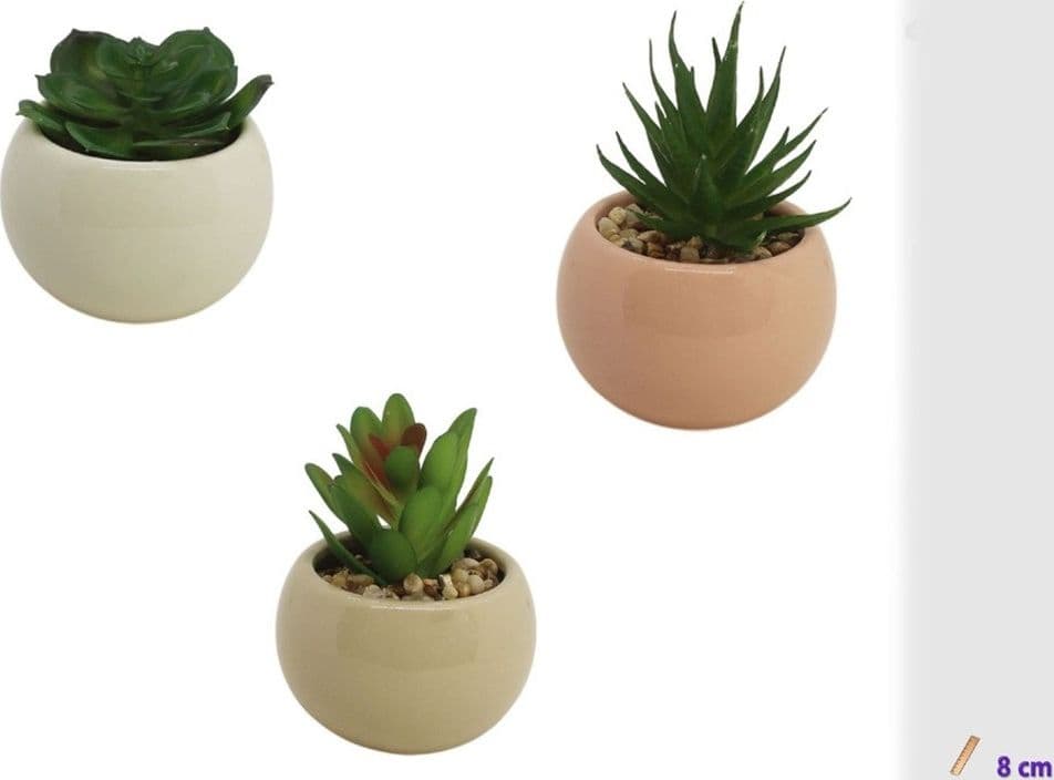 SET 3PZ VASETTO IN CERAMICA COLORATO SFERICO CON PIANTINA ARTIFICIALE ASSORTITA 8CM 164254 - 2