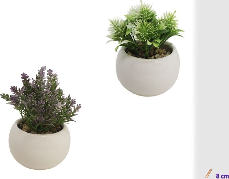 SET 3PZ VASETTO IN CERAMICA BIANCO ROTONDO CON PIANTINA ARTIFICIALE ASSORTITA 8CM 164247 - 2