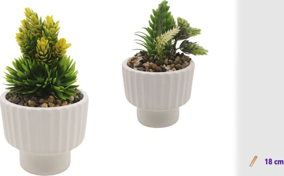 VASETTO CERAMICA BIANCO STRIATO CON PIANTINA ARTIFICIALE ASSORTITA 18CM DECORO CASA 164322 - 2