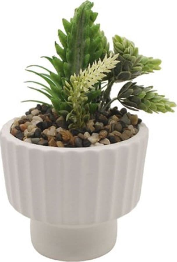 VASETTO CERAMICA BIANCO STRIATO CON PIANTINA ARTIFICIALE ASSORTITA 18CM DECORO CASA 164322 - 4