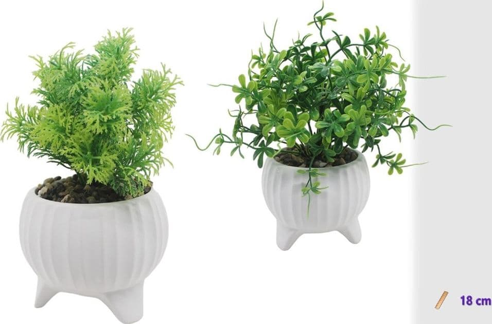 VASETTO CERAMICA BIANCO A COSTE CON PIANTINA ARTIFICIALE ASSORTITA 18CM DECORO CASA 164339 - 2