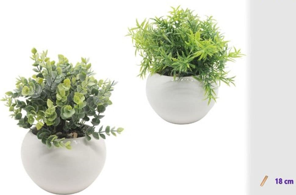 VASETTO IN CERAMICA BIANCO CON PIANTINA ARTIFICIALE ASSORTITA 18CM DECORAZIONE CASA 164315 - 2