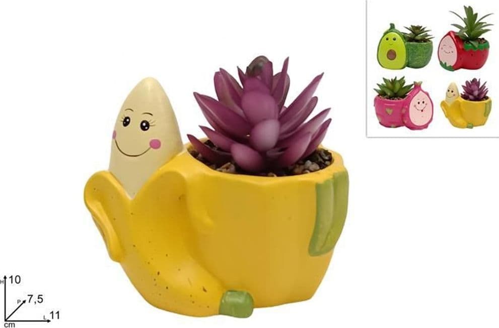 SET 12PZ VASO DECORATIVO A FORMA DI FRUTTA CON FACCINA CON PIANTA GRASSA 4 MODELLI 660546 - 2