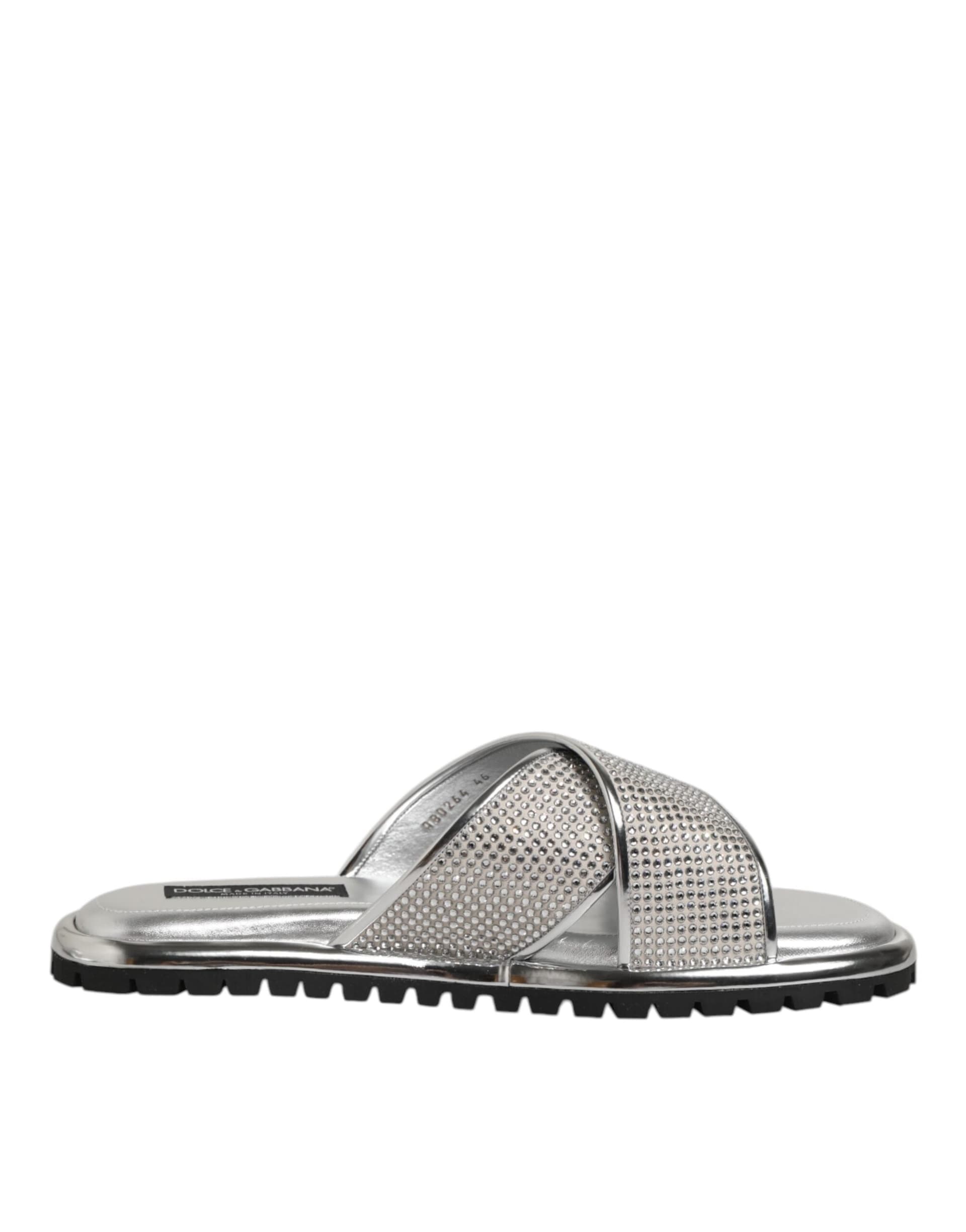 Dolce & Gabbana Silver Strass Slides Flats Slippers Shoes - 6