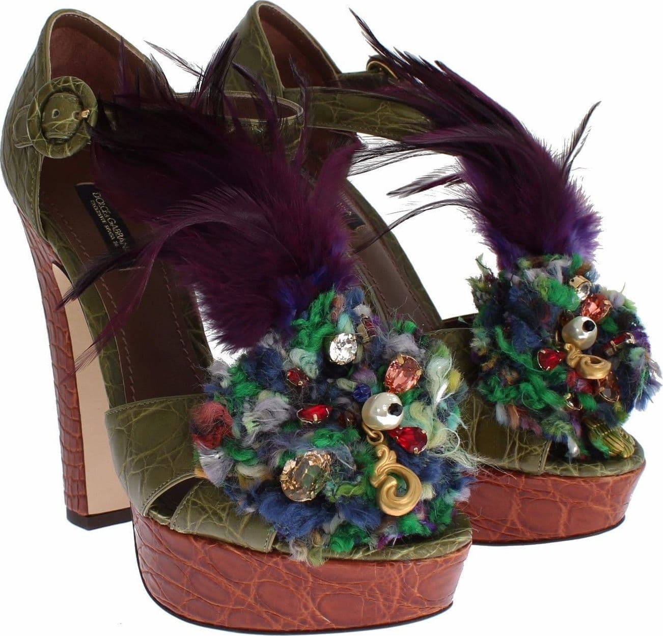 Dolce & Gabbana Green Leather Crystal Platform Sandal Shoes - 3