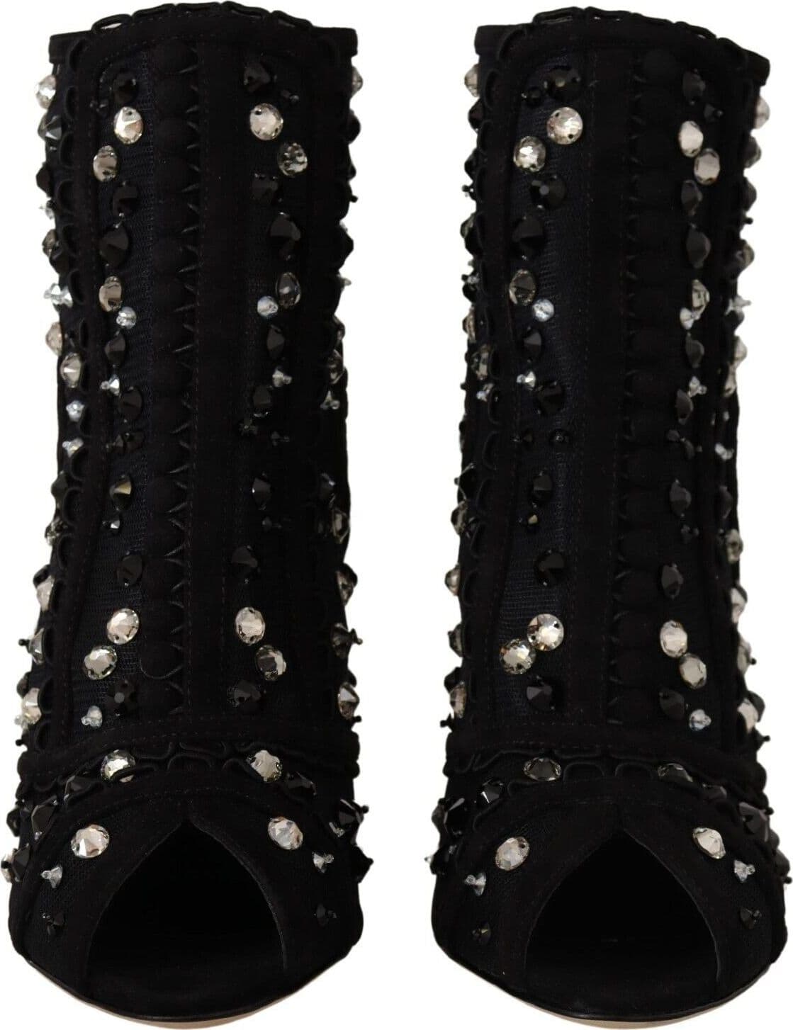 Dolce & Gabbana Black Crystals Heels Zipper Short Boots Shoes - 2