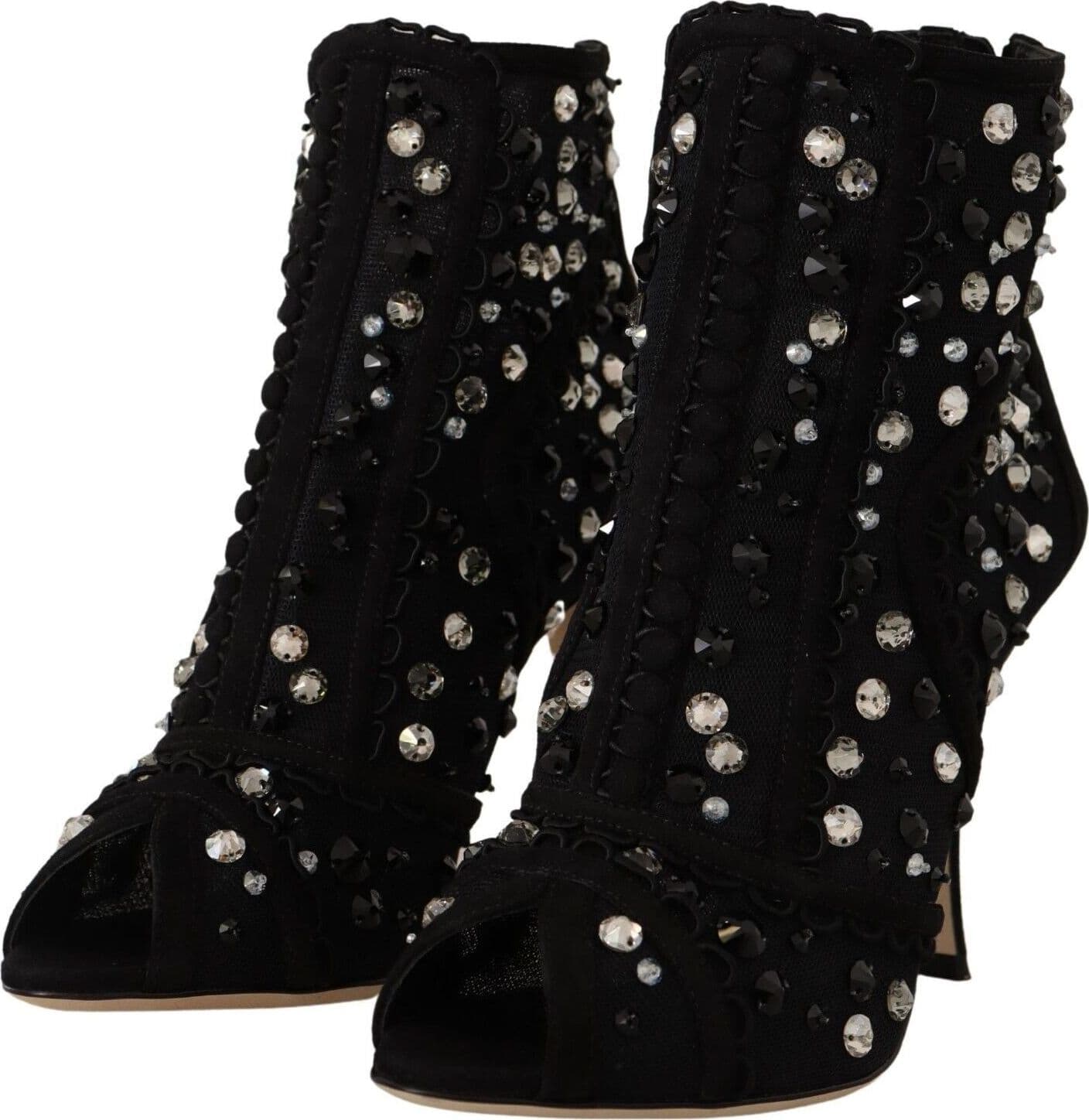 Dolce & Gabbana Black Crystals Heels Zipper Short Boots Shoes - 3
