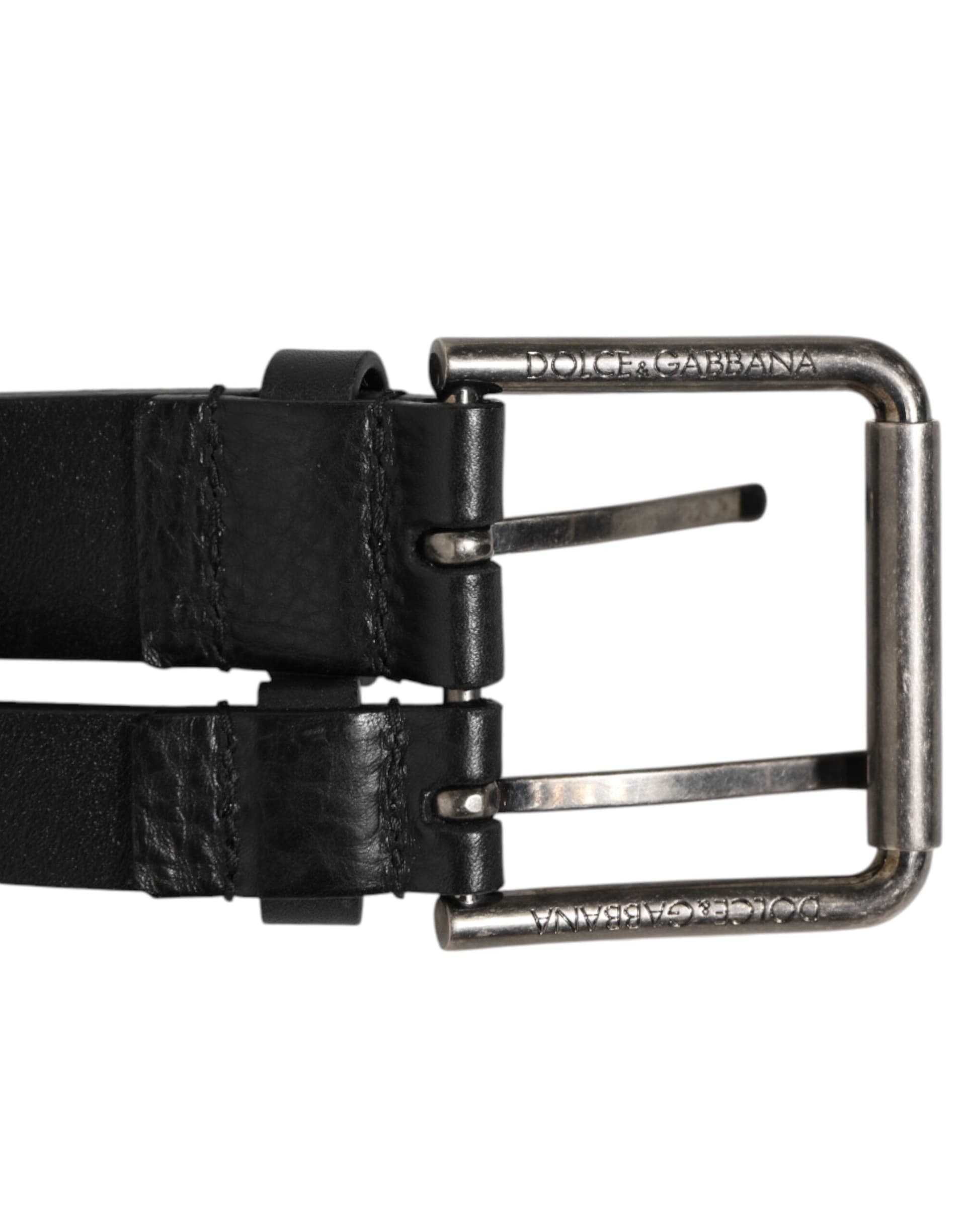 Dolce & Gabbana Black Double Strap Leather Silver Buckle Belt - 3
