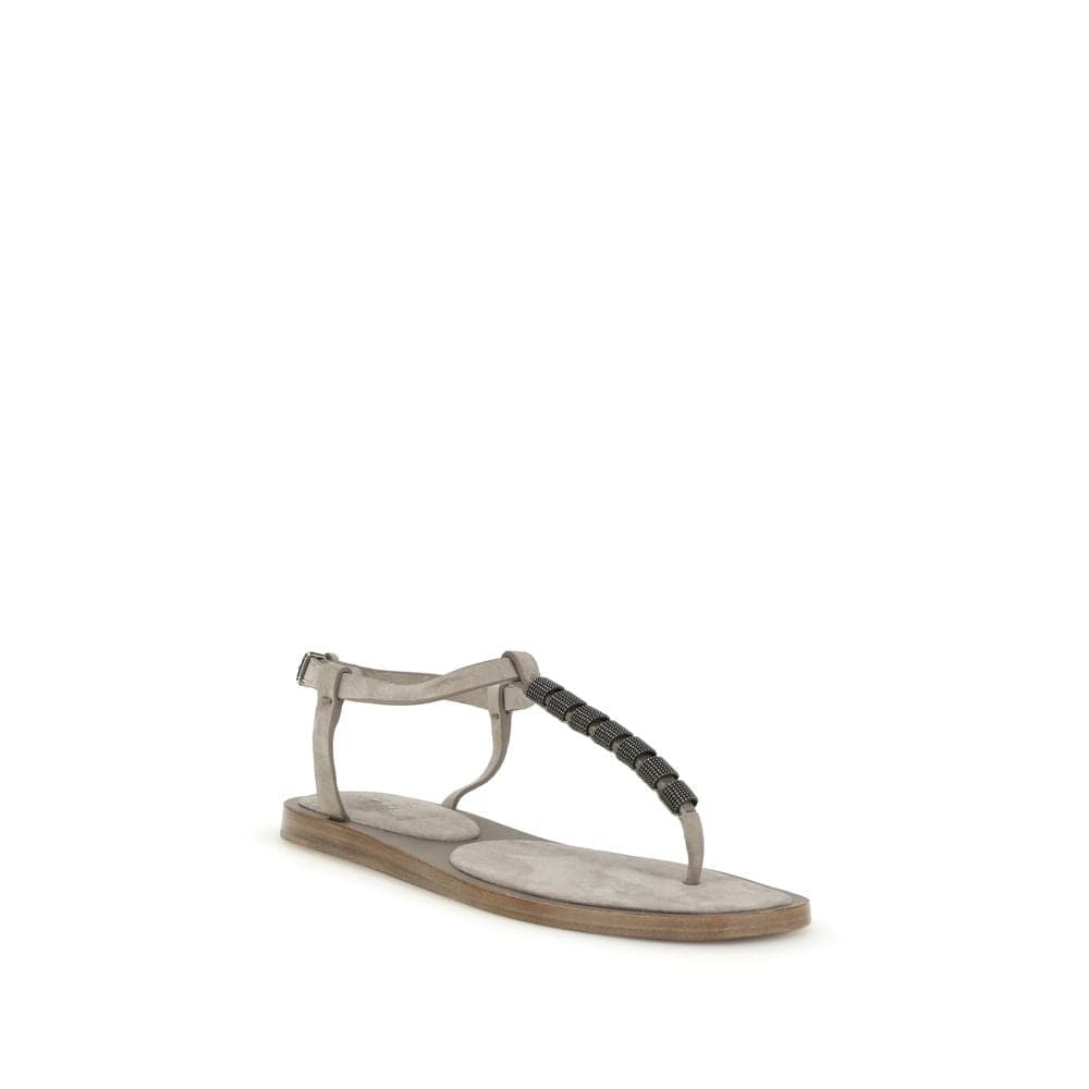 Brunello Cucinelli Beige Calf Leather Bos Taurus Flat Sandals - 2