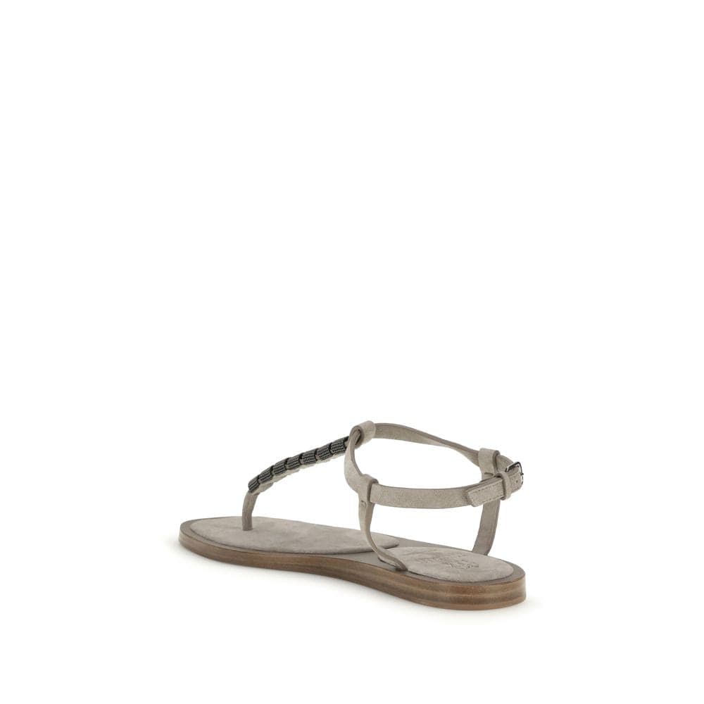 Brunello Cucinelli Beige Calf Leather Bos Taurus Flat Sandals - 3