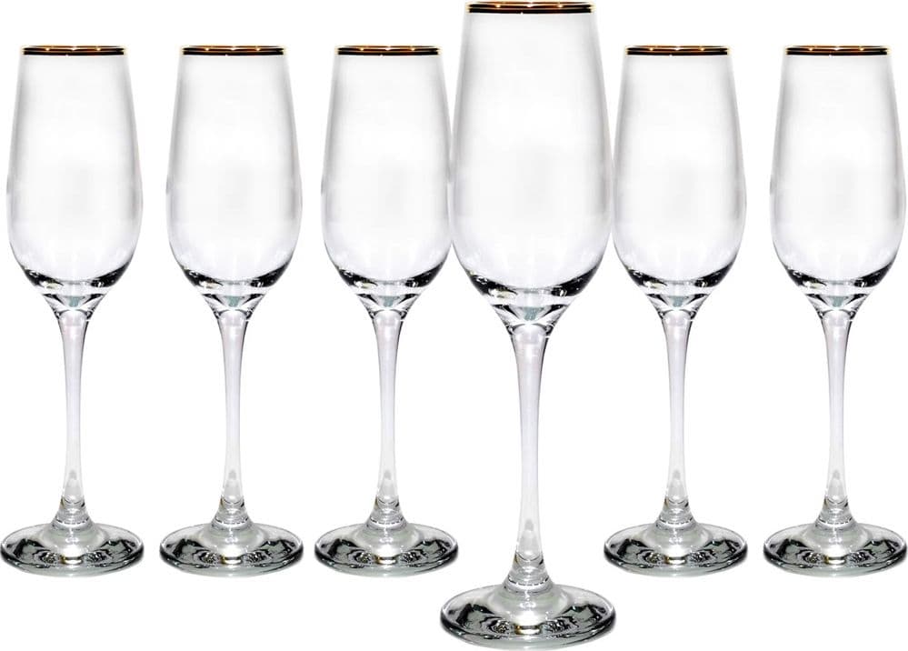 SET DA 6 CALICI FLUTE IN VETRO CON BORDO SUPERIORE ORO DA 20 CL PER SPUMANTE CHAMPAGNE