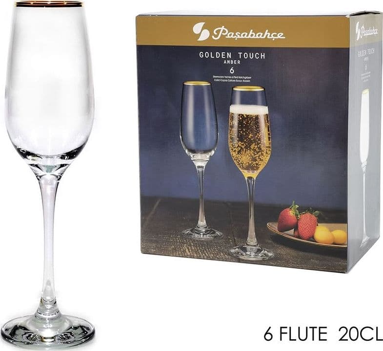 SET DA 6 CALICI FLUTE IN VETRO CON BORDO SUPERIORE ORO DA 20 CL PER SPUMANTE CHAMPAGNE - 2