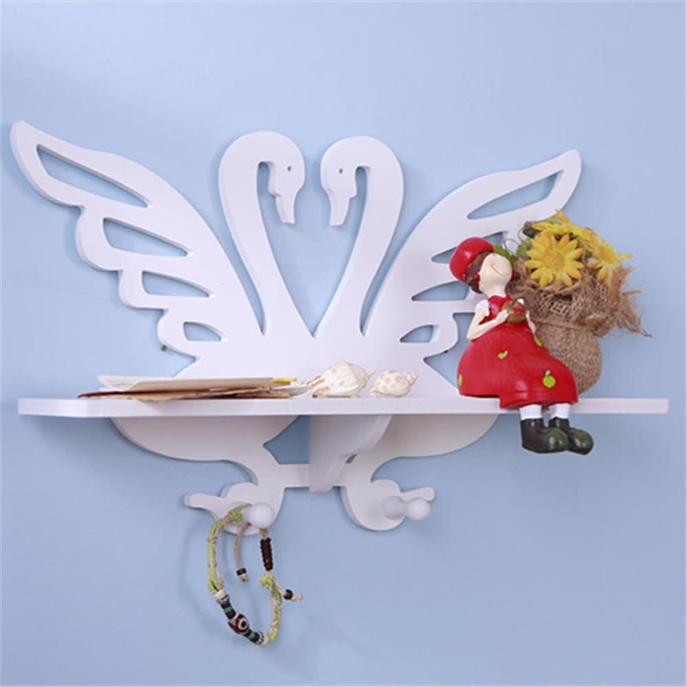 MENSOLA DA PARETE FORMA CIGNI BIANCA CON GANCI SCAFFALE PORTAOGGETTI DESIGN MULTIFUNZIONALE - 4