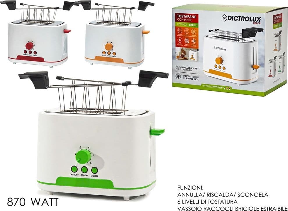 TOSTAPANE ELETTRICO CON PINZE 870W 6 LIVELLI TOSTATURA 3 FUNZIONI VASSOIO RACCOGLIBRICIOLE - 2