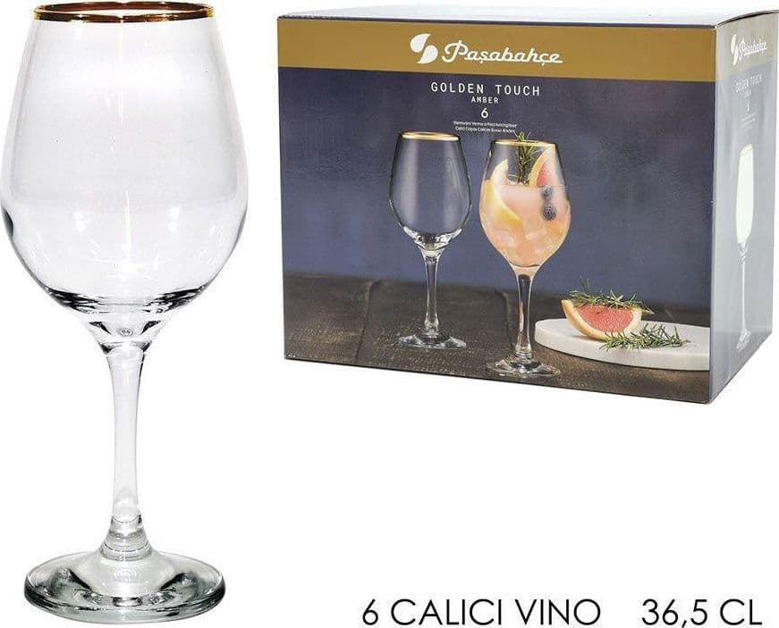 SET DI 6 CALICI DA VINO IN VETRO TRASPARENTE CON ELEGANTE BORDO SUPERIORE ORO DA 36,5CL - 2