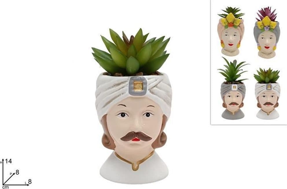 SET 12PZ VASO DI FIORI FORMA DI TESTA MORO STATUETTA DECORATIVA PIANTA GRASSA 14 CM 660553 - 2