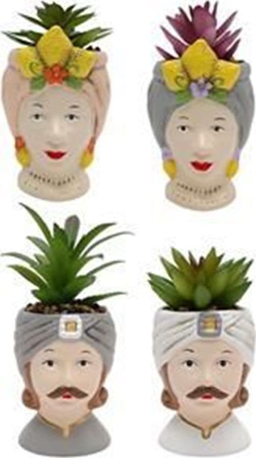 SET 12PZ VASO DI FIORI FORMA DI TESTA MORO STATUETTA DECORATIVA PIANTA GRASSA 14 CM 660553 - 3