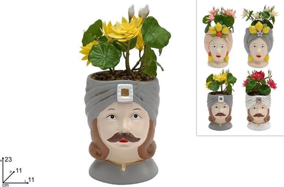 VASO DI FIORI FORMA DI TESTA MORO STATUETTA DECORATIVA CON PIANTA GRASSA 23CM 4ASS. 660560 - 2