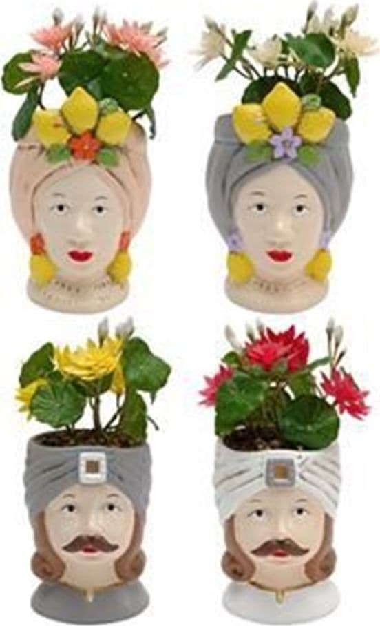 VASO DI FIORI FORMA DI TESTA MORO STATUETTA DECORATIVA CON PIANTA GRASSA 23CM 4ASS. 660560 - 3
