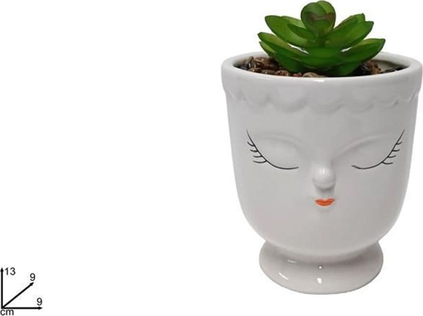 PIANTINA DECORATIVA GRASSA ARTIFICIALE VASO BIANCO CON LINEAMENTI VISO 9X9X13CM 607701 - 2