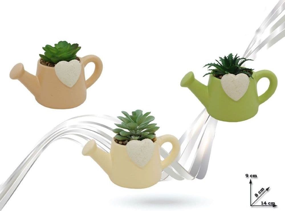 VASO A FORMA DI INNAFFIATOIO CON CUORE IN CERAMICA CON PIANTINA GRASSA ARTIFICIALE 9013144 - 2