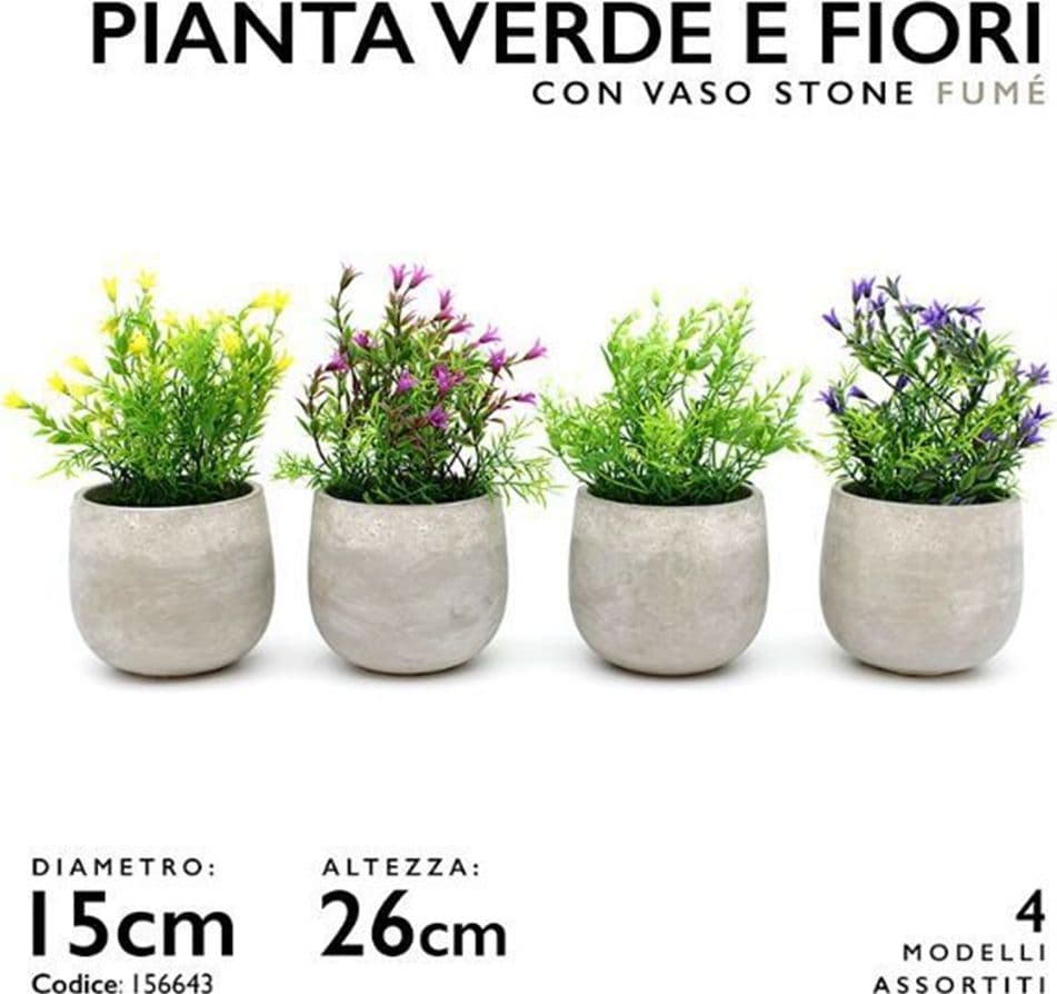 PIANTA ARTIFICIALE VERDE FIORI CON VASO STONE EFFETTO FUMÉ Ø15XH26CM 4 MODELLI 156643 - 2