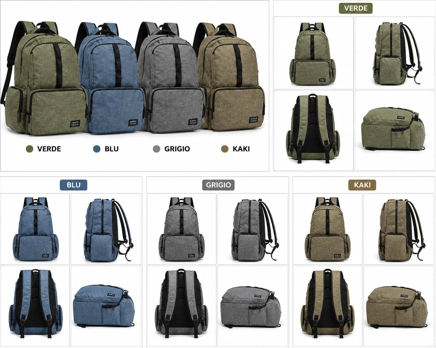 Zaino Multitasche con Ampia Capacità – Zaino Casual per Scuola, Università, Ufficio, Viaggi e Tempo Libero – Disponibile in Verde, Blu, Grigio e Kaki