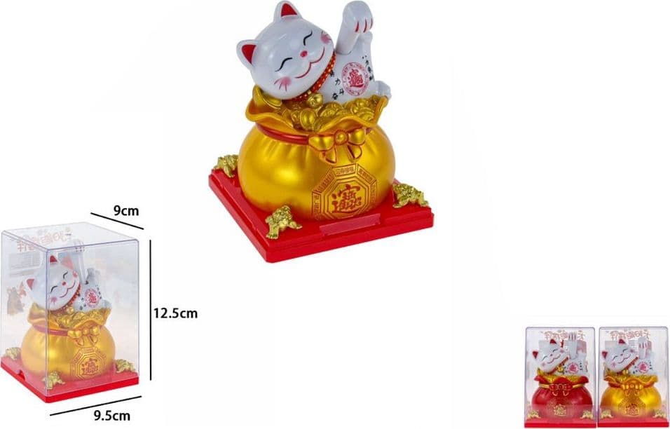 GATTO PORTAFORTUNA MANEKI NEKO SOLARE SVENTOLA ZAMPA SOPRA SACCO D'ORO 9X9,5X12,5CM 73777 - 2