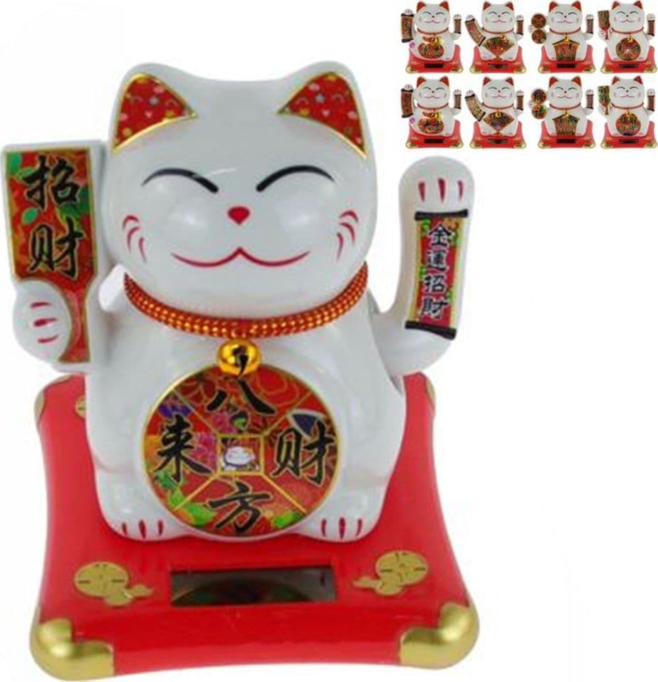 GATTO PORTAFORTUNA MANEKI NEKO SOLARE BIANCO CON BRACCIO MOBILE 11,5X11,5X14CM 73780