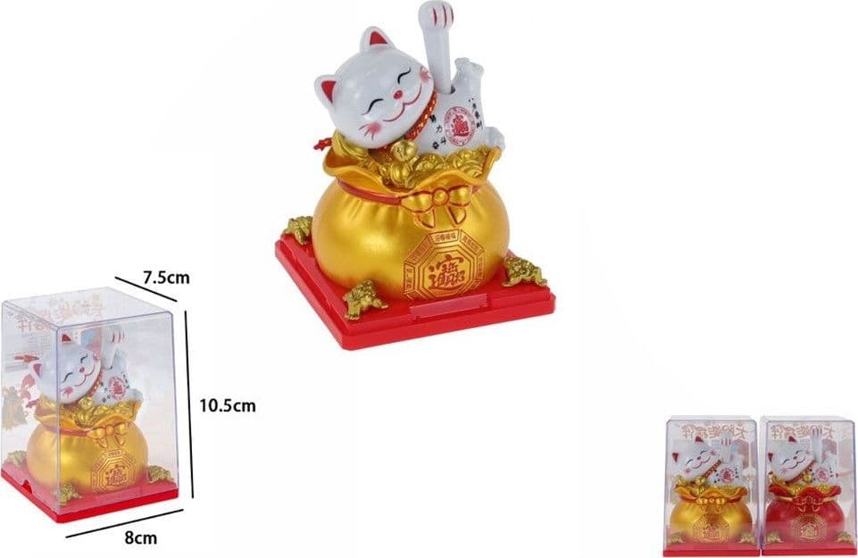 GATTO PORTAFORTUNA MANEKI NEKO SOLARE SVENTOLA ZAMPA SOPRA SACCO D'ORO 7,5X8X10,5CM 73776 - 2