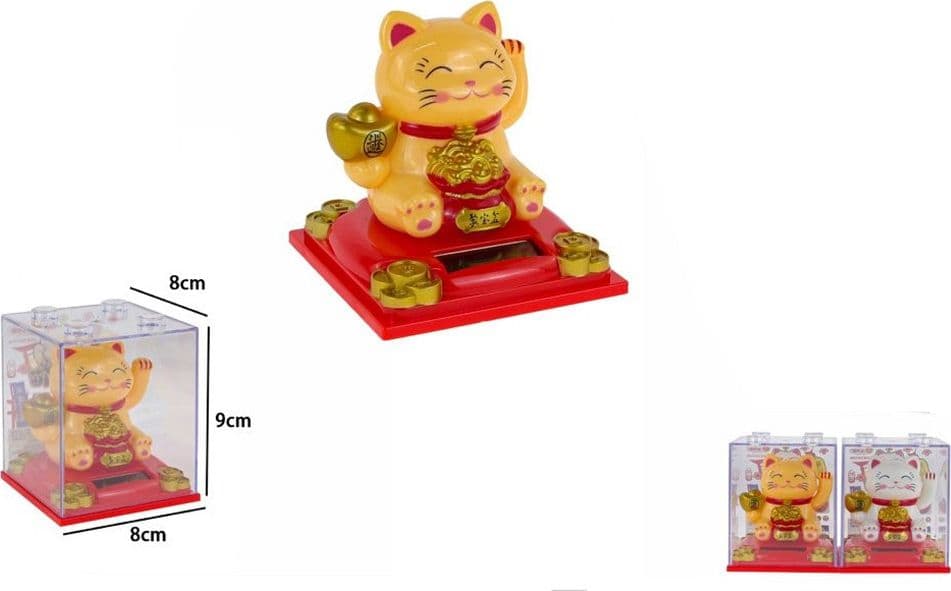 GATTO PORTAFORTUNA MANEKI NEKO SOLARE CON LINGOTTI D'ORO SACCO DENARO 8X8X9CM 73774 - 2