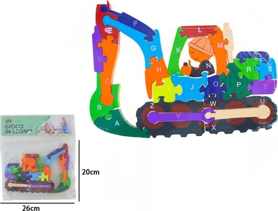PUZZLE 3D LEGNO GIOCO EDUCATIVO COLORATO NUMERI LETTERE BAMBINI FORMA ESCAVATORE 53293A - 2