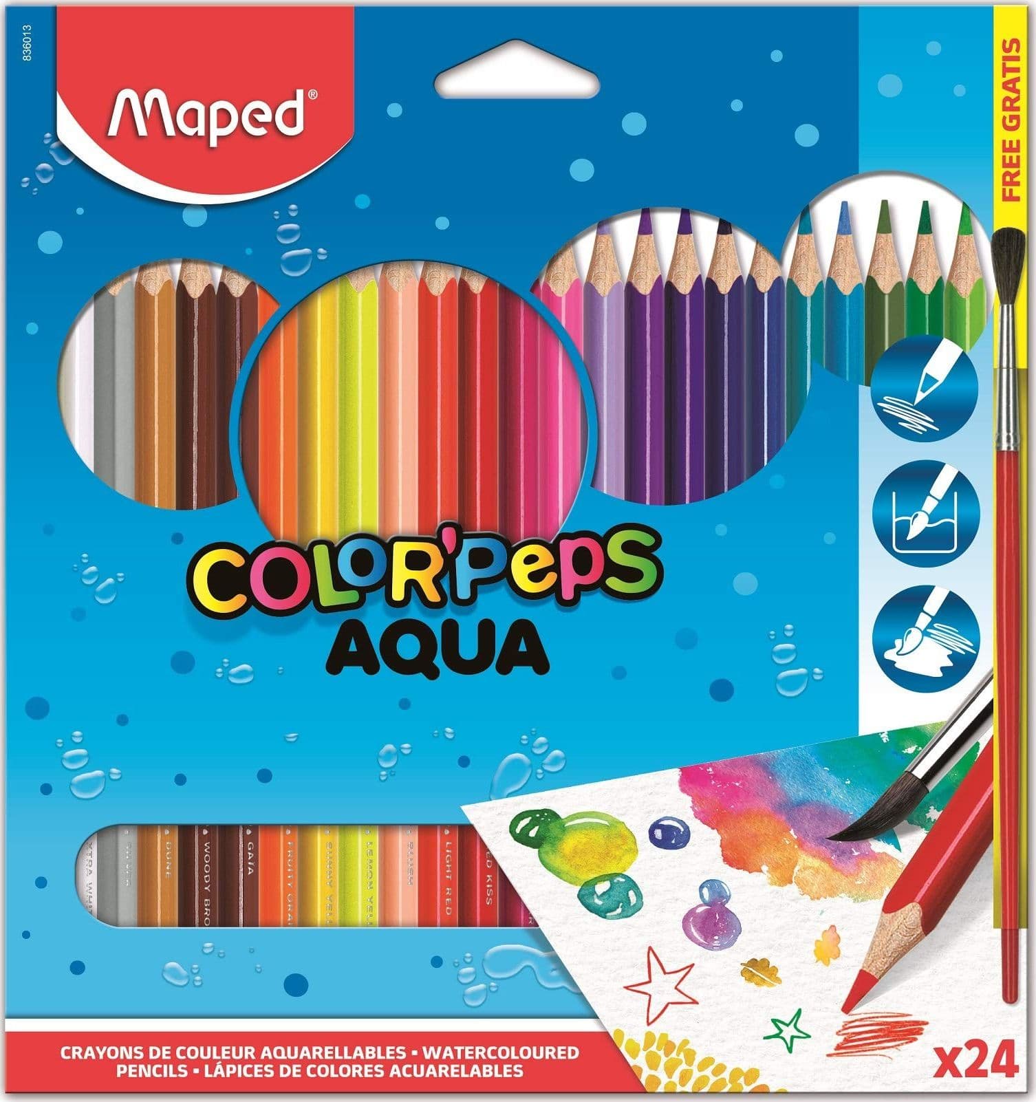 Maped - Matite acquerellabili Color'peps Aqua, astuccio in cartone da 24 pezzi, confezione da 1 - 3