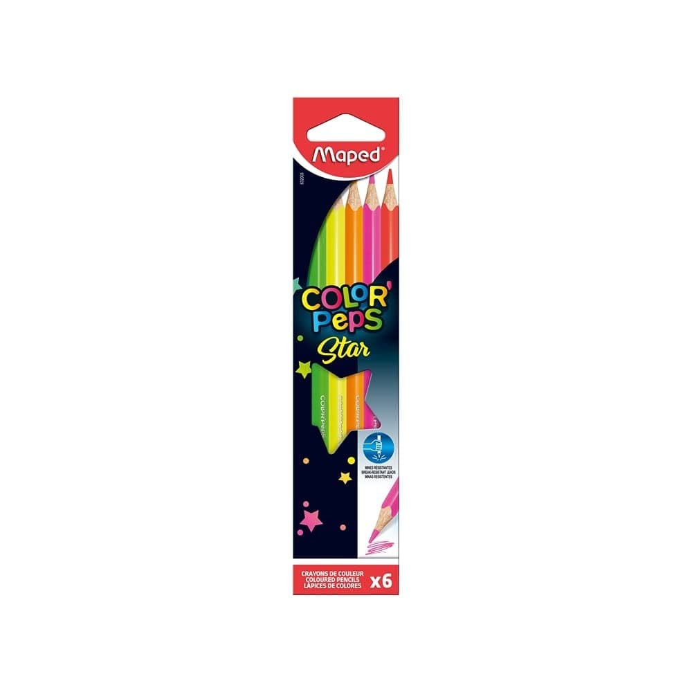 Maped Pastelli Triangolari Color' Peps Fluo In Scatola Da 6 Pz Mina Grande Infrangibile 2,9 Mm - 3